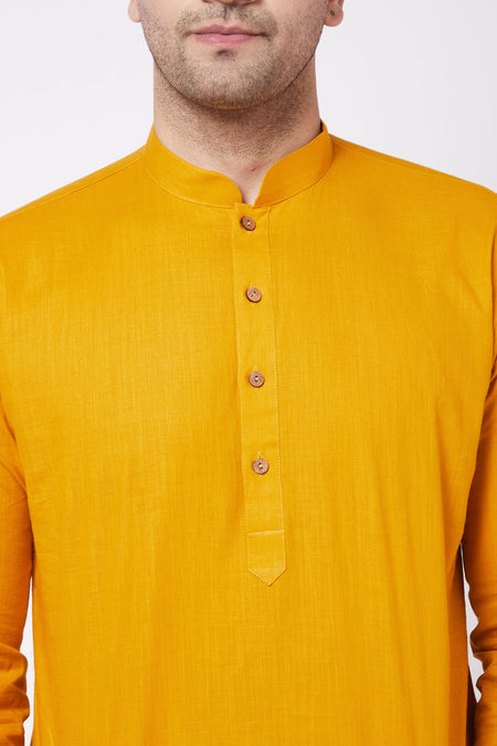 VASTRAMAY Mustard Cotton Baap Beta Kurta Dhoti Set